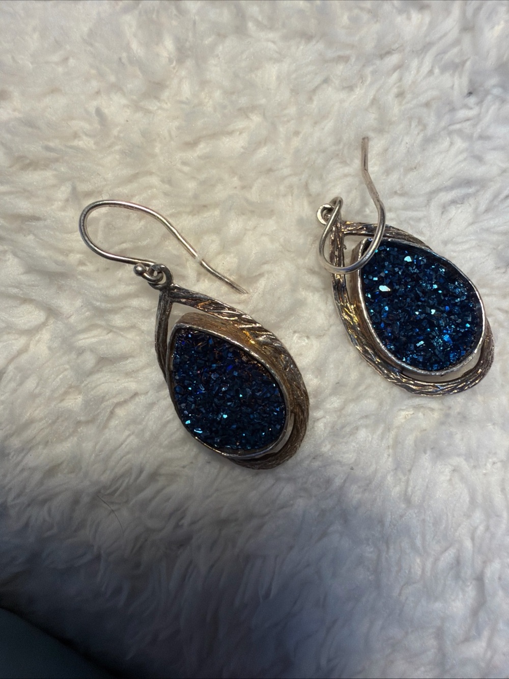 Vtg 925 Silver-Tone Teardrop Earrings with Deep Blue Druzy